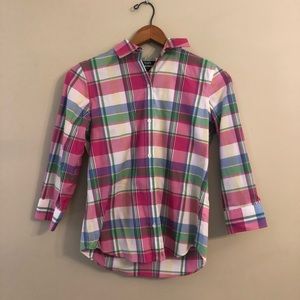 3/4 Sleeve Pink Plaid Button Down